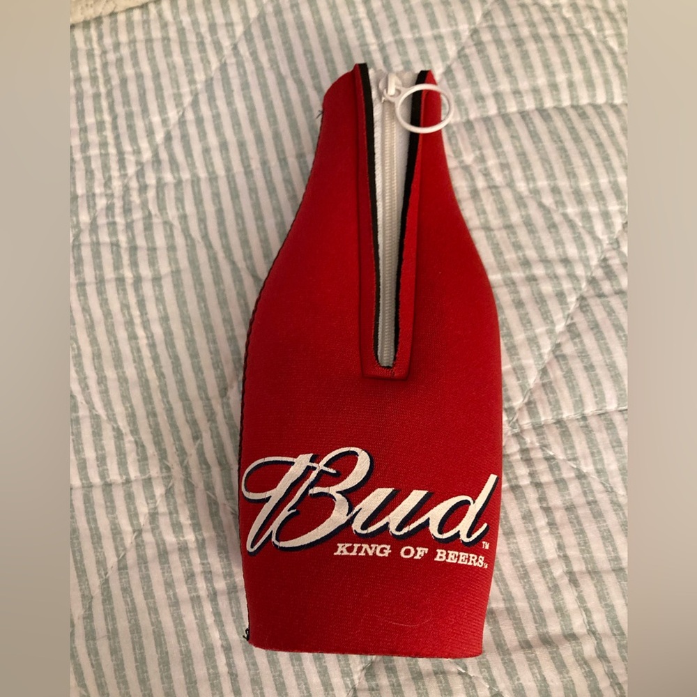 Budweiser Neoprene Zipper Bottle Koozie designed to fit a standard 12oz bottle